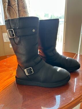 UGG Black Leather Mid-Calf Buckle Winter Boots